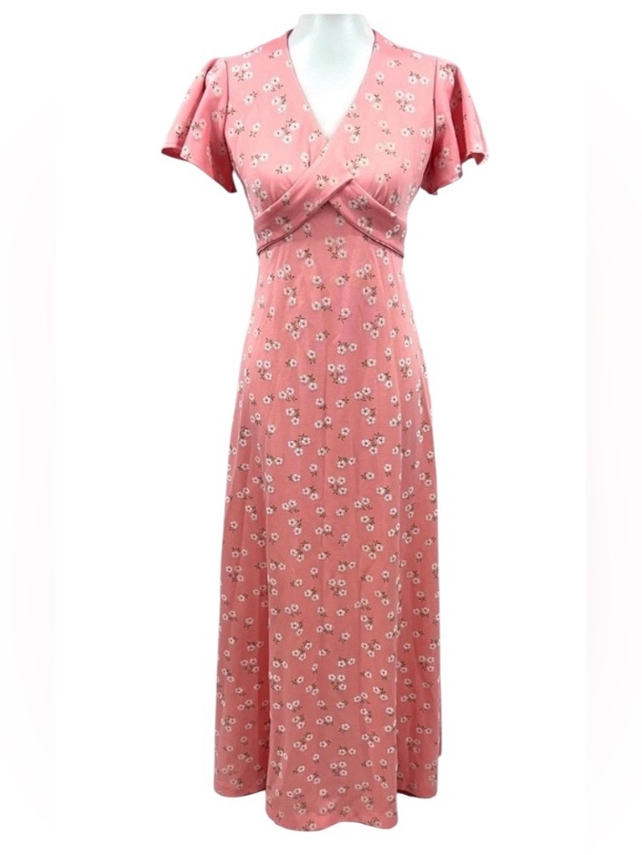 Vintage Coral Peach Ditzy Floral Daisy Cottagecore Flutter Sleeve Maxi Dress
